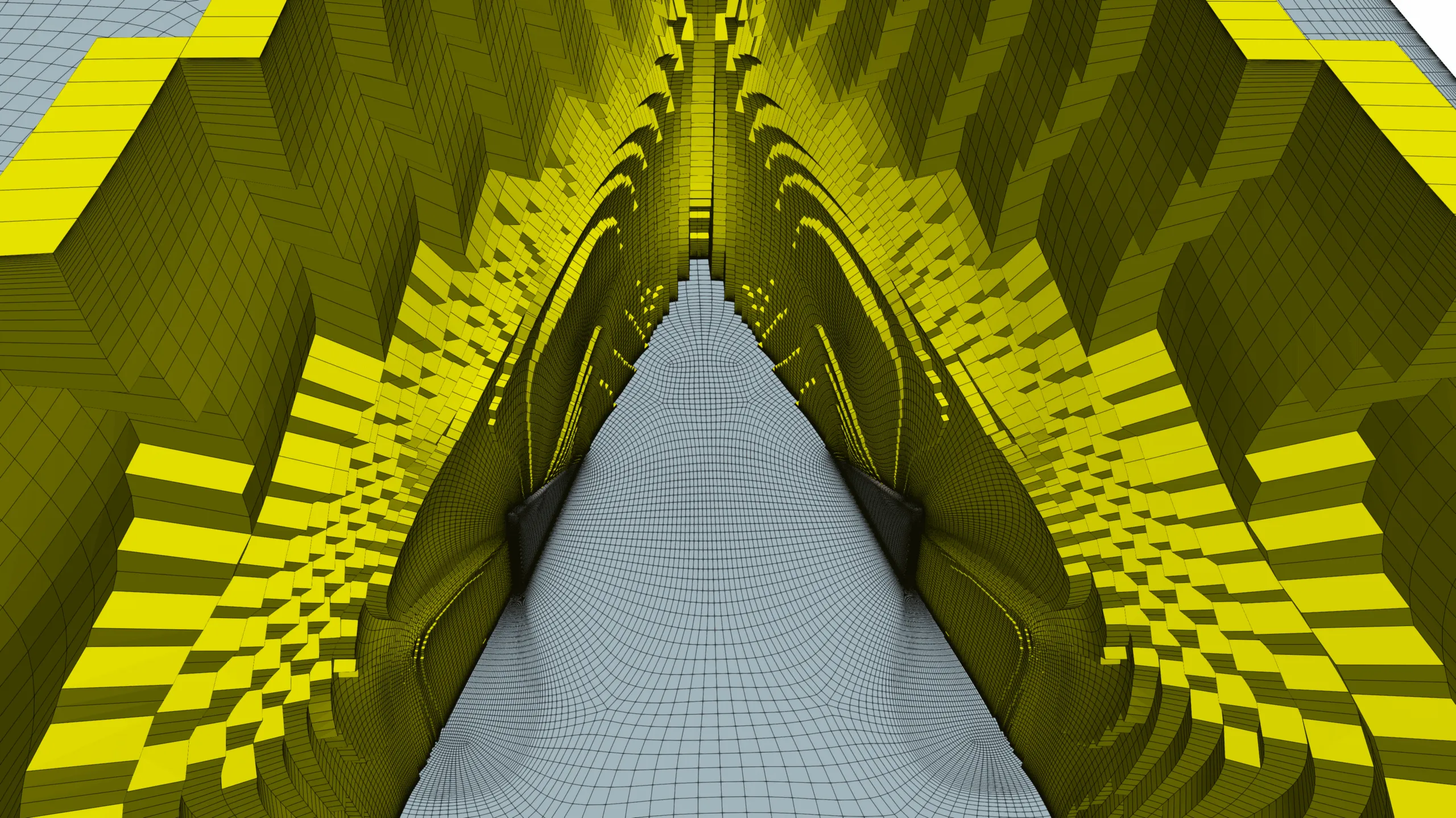 3D structured hexahedral mesh aligned with two wind-turbine vortex generators, illustrating refined cell distribution, smooth curvature handling, and accurate resolution of the flow region between the paired VGs.