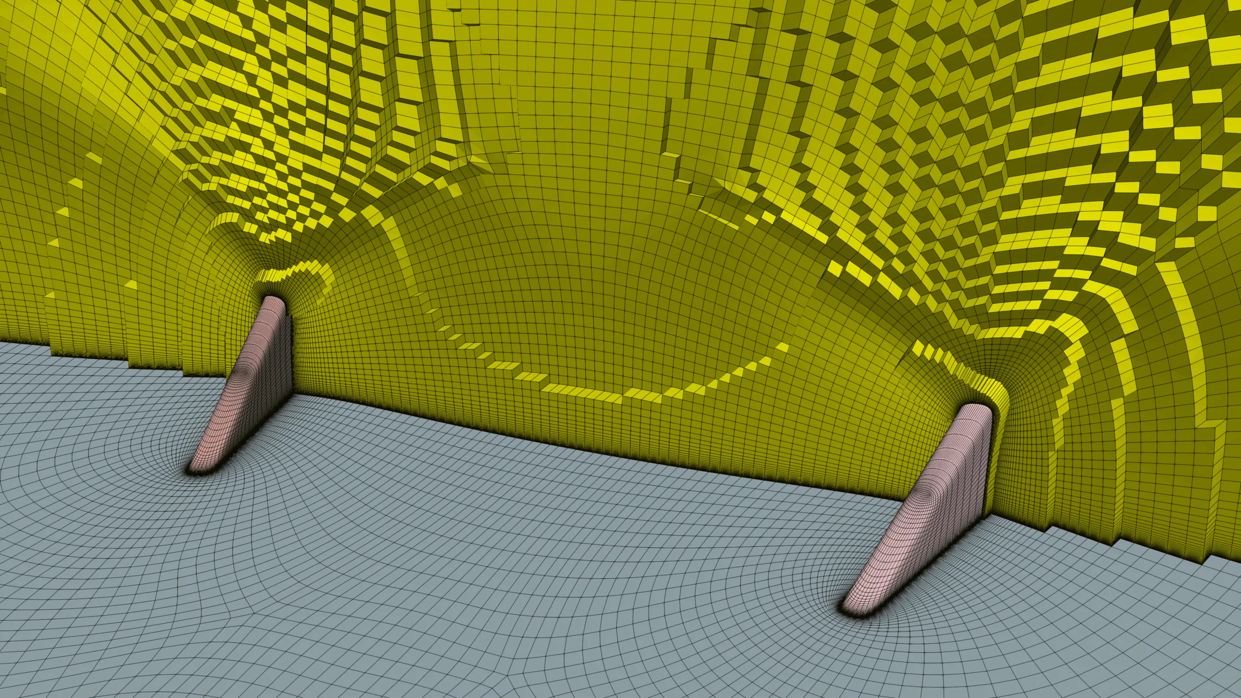 3D structured hexahedral mesh around wind-turbine vortex generators, illustrating mesh refinement, boundary-layer blocks, and smooth topology transitions in a perpendicular cross-section.