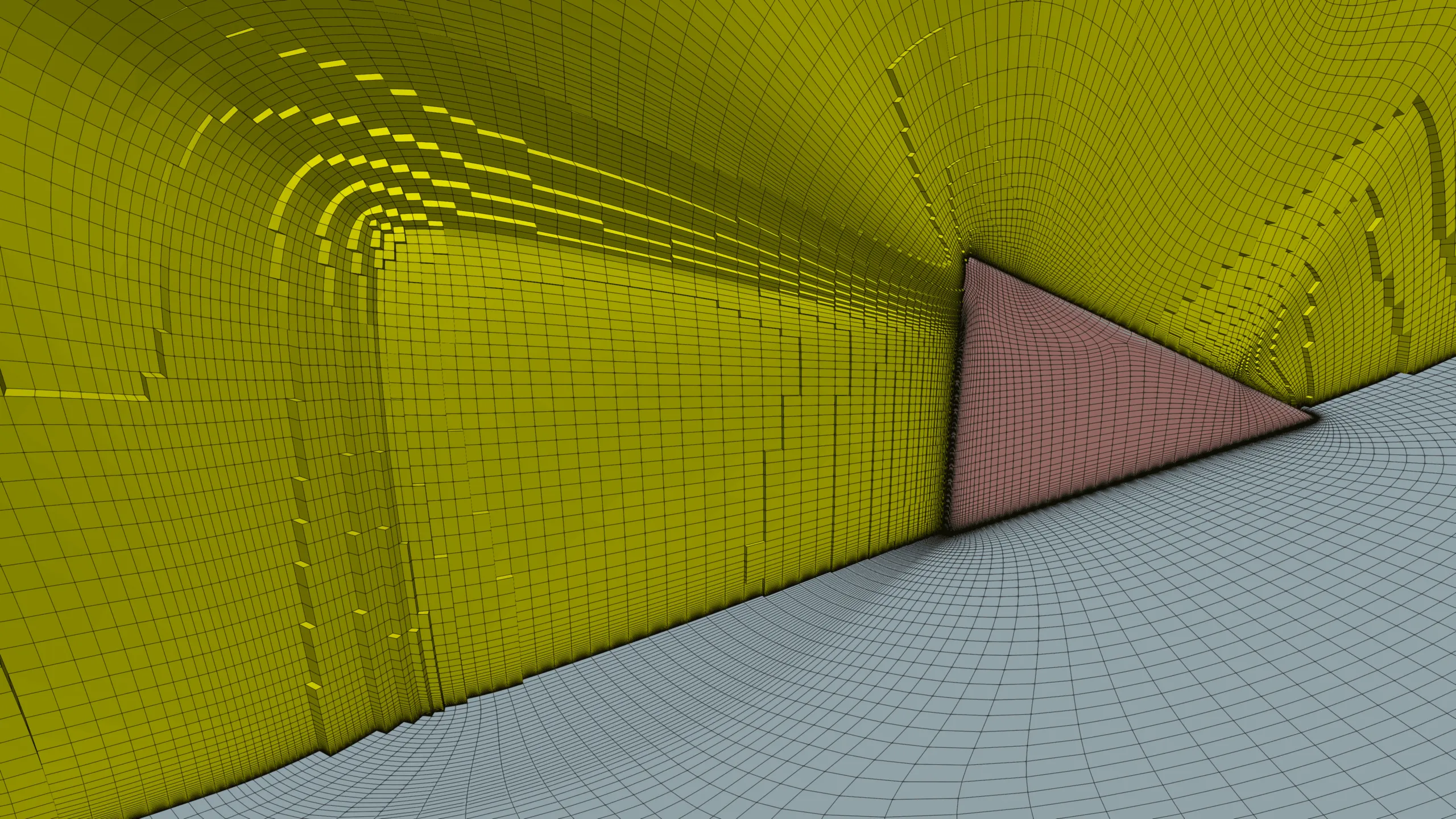3D structured hexahedral mesh aligned with a wind-turbine vortex generator, highlighting boundary-layer resolution and refined wake-region cells extending downstream of the VG.