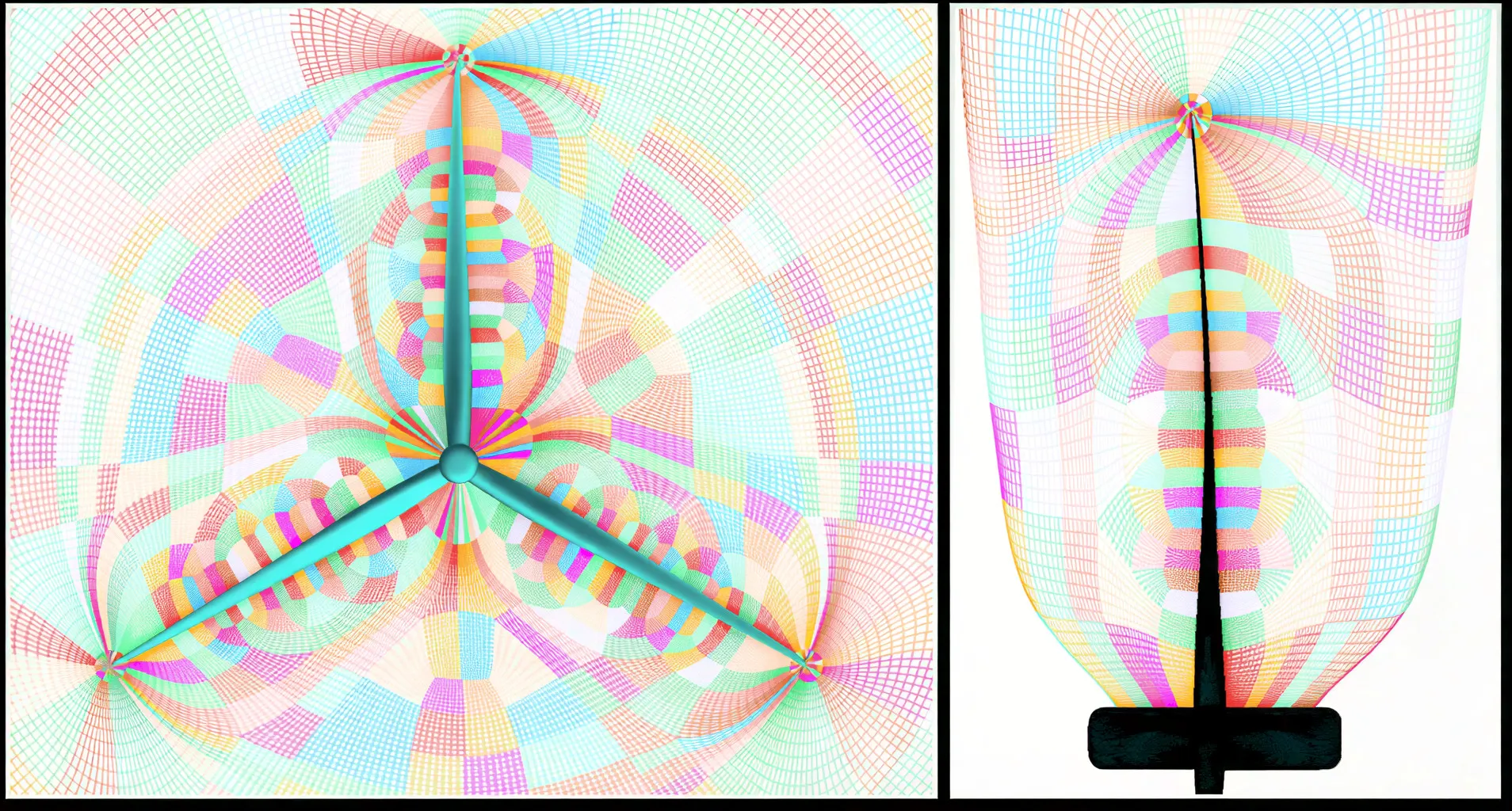 High-density structured mesh cell clustering at the wind turbine blade tip, enabling accurate capture of blade tip vortices and complex turbulent flow features in advanced CFD simulations.