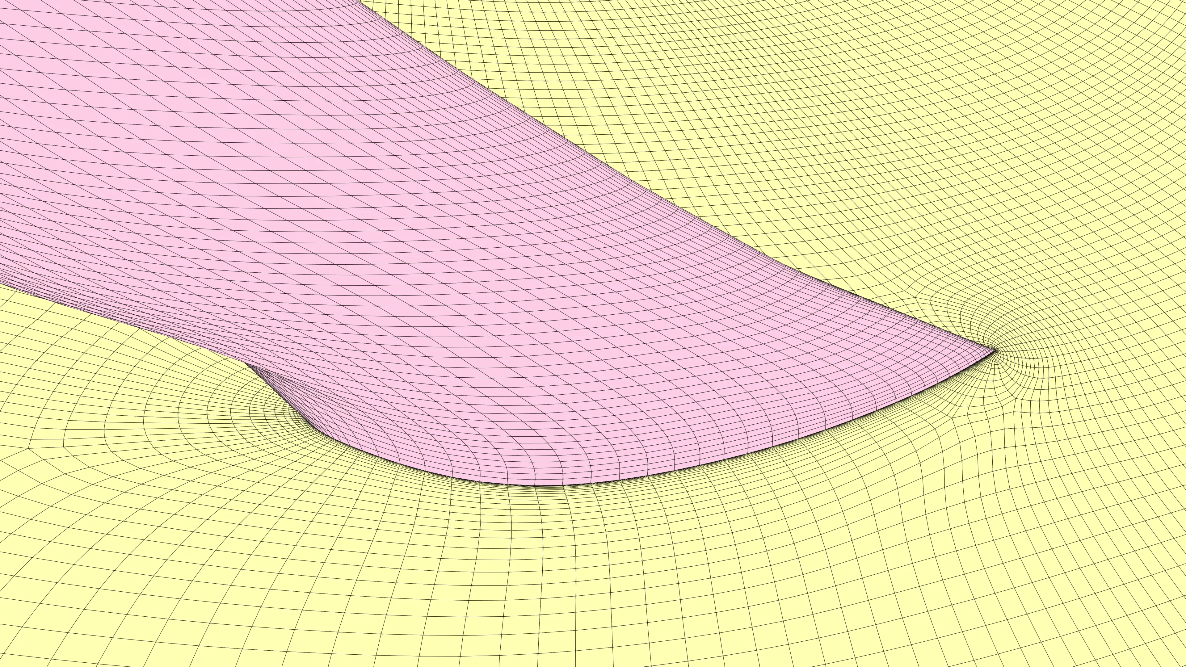 Close-up view of a vertical-axis wind turbine blade showing structured mesh boundary layer clustering along the blade surface for accurate aerodynamic flow resolution.