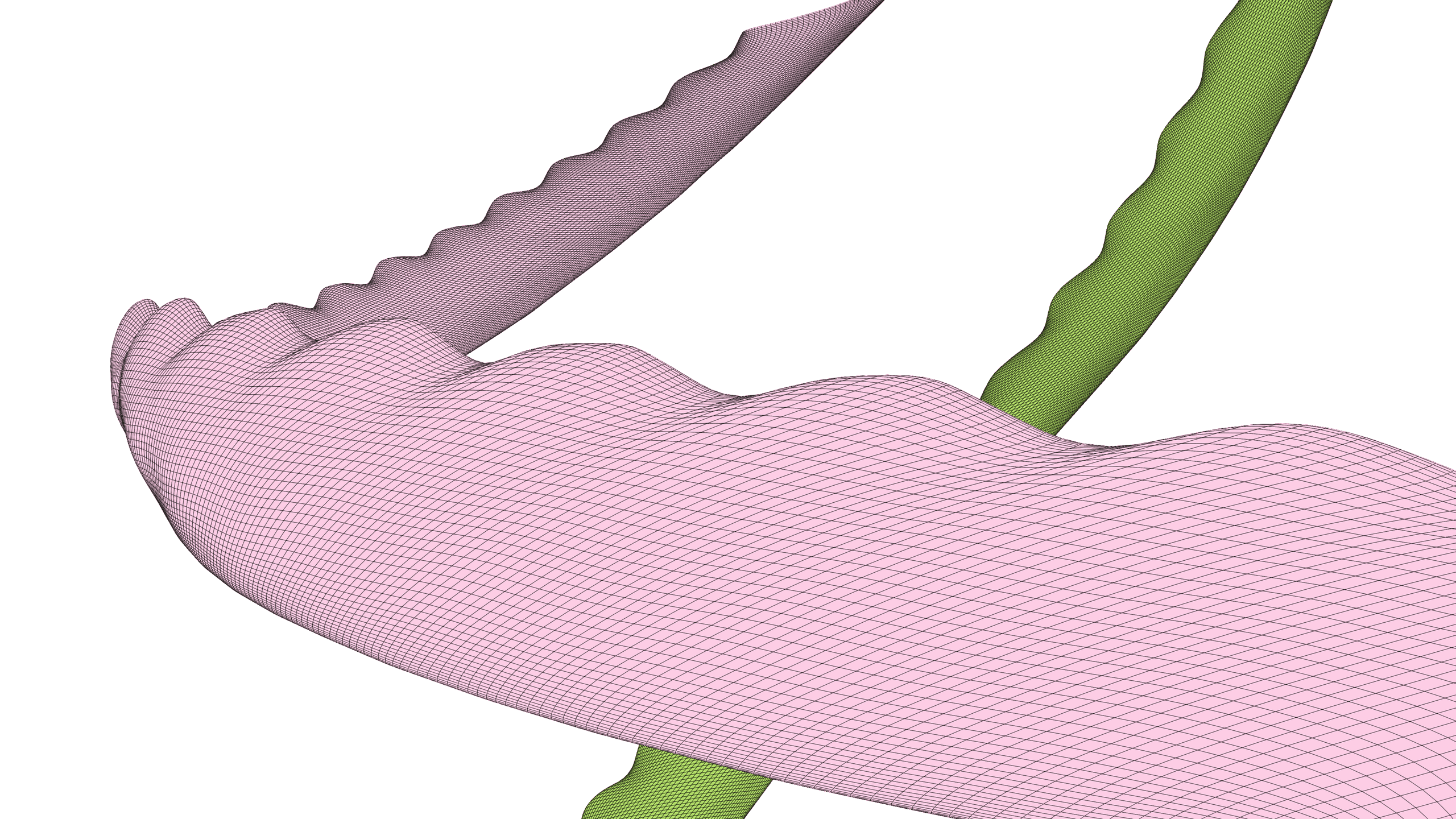 Close-up view of a structured multiblock mesh around the serrated leading edge of a vertical-axis wind turbine blade, highlighting grid topology and refined mesh clustering near the serration geometry.
