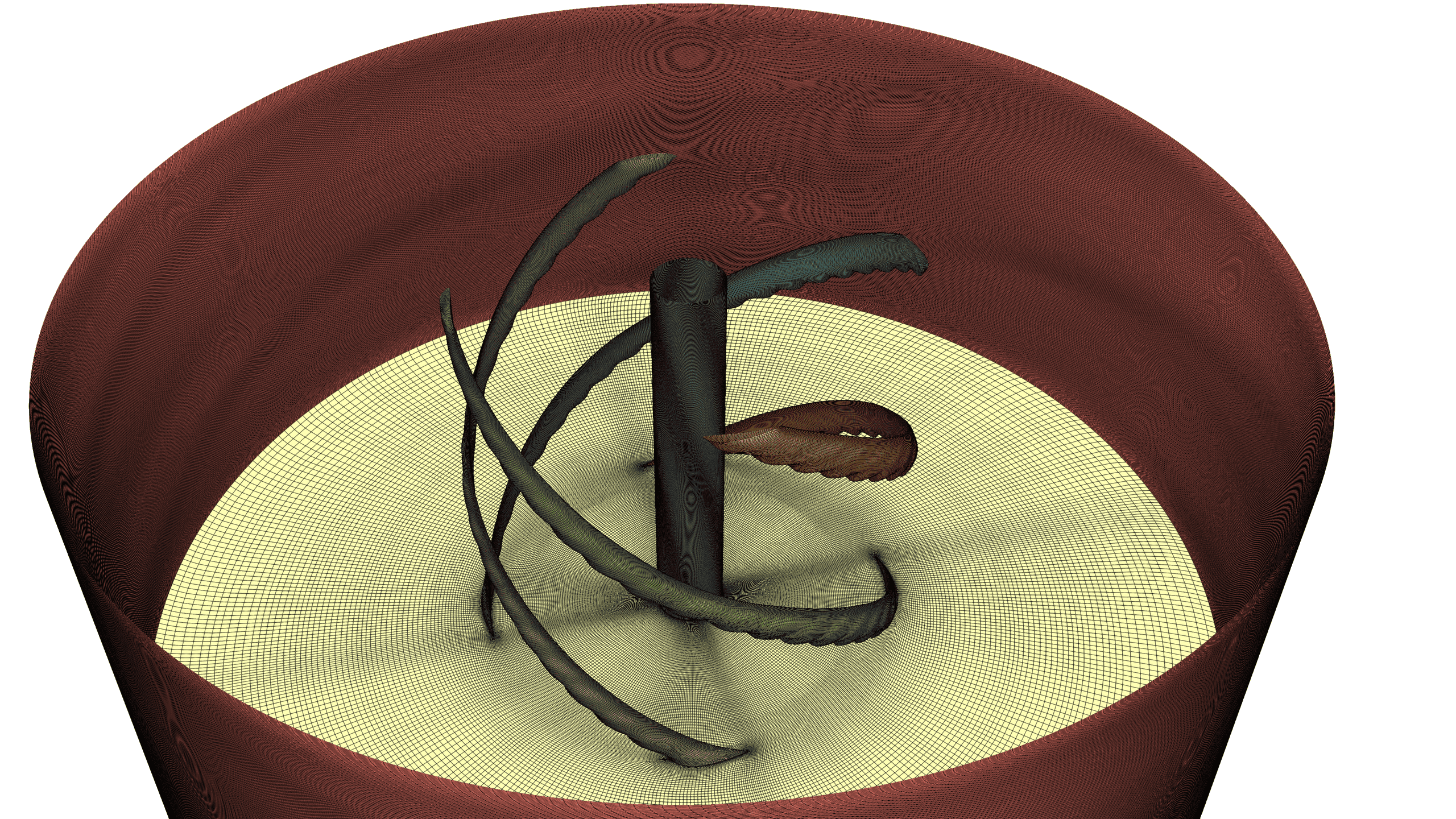 Full computational mesh domain surrounding a four-bladed vertical-axis wind turbine, showing structured multiblock grid with fine resolution around blade surfaces and the surrounding flow field.