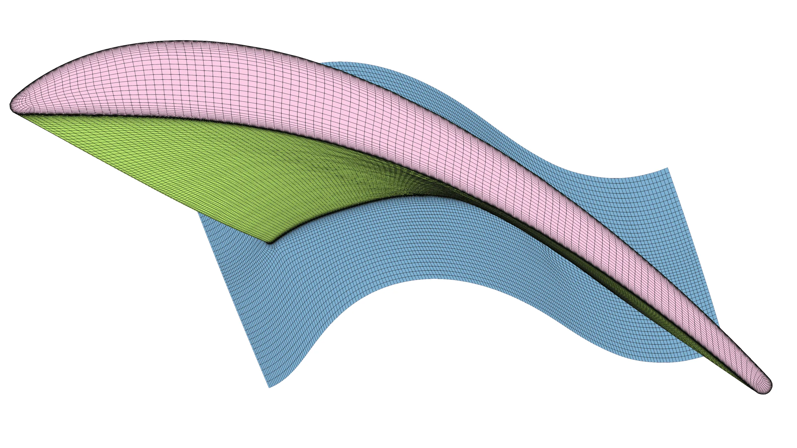 Structured surface mesh on a turbine blade tip, showing aligned grid topology with refined cells near the tip gap to accurately capture leakage flow and near-wall gradients.
