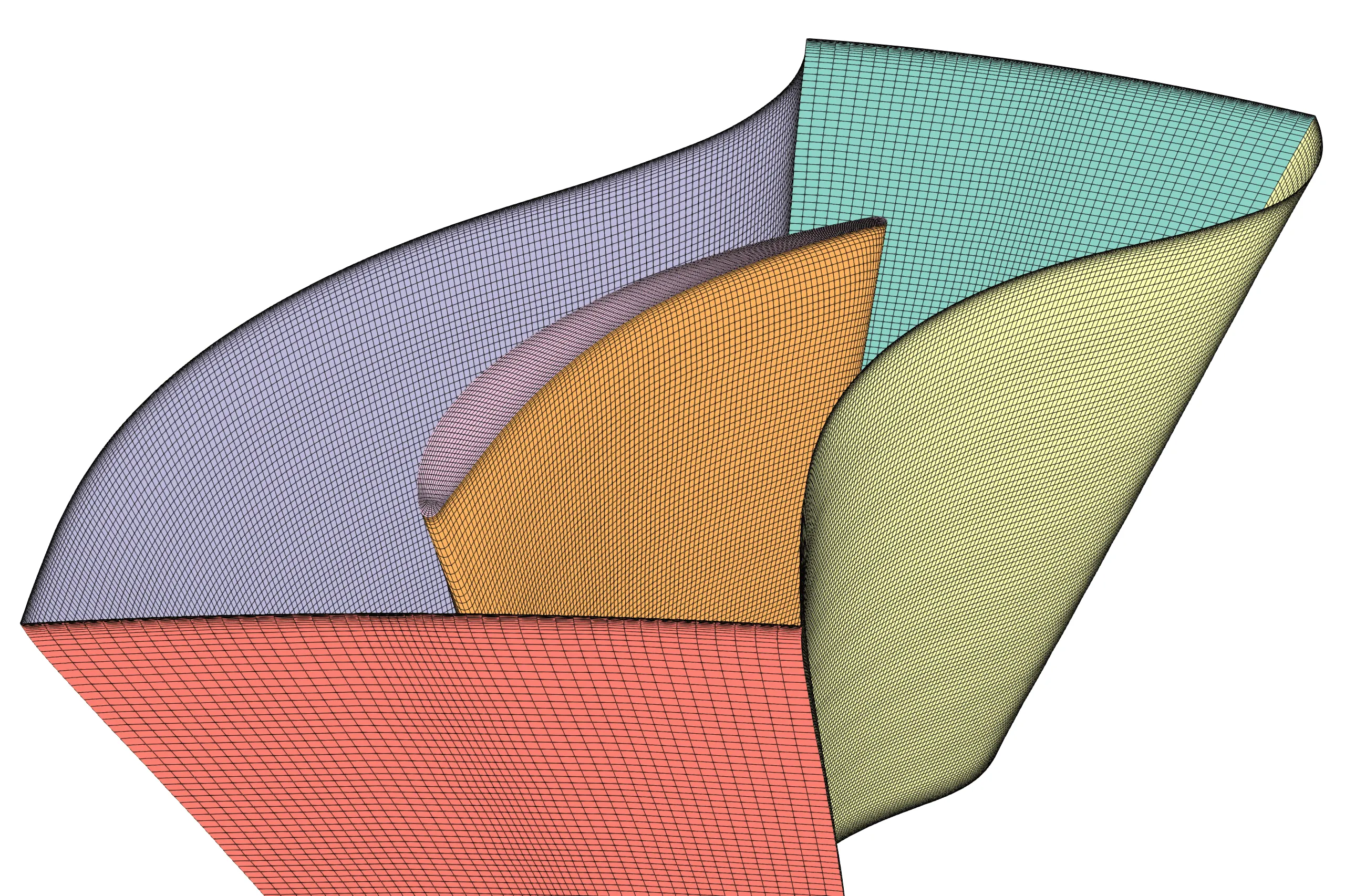 Full computational domain showing a structured multiblock meshing for turbine blade with a tip gap, including periodic boundary surfaces on either side to model blade-to-blade flow continuity.
