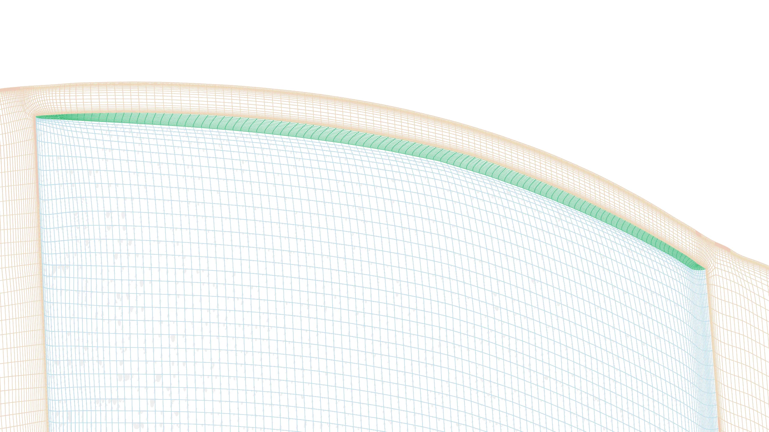 Structured multiblock mesh illustrating fine grid resolution in the tip gap between the turbine blade tip and the shroud, with chordwise refinement along the entire blade tip region to capture leakage flow and near-wall effects.
