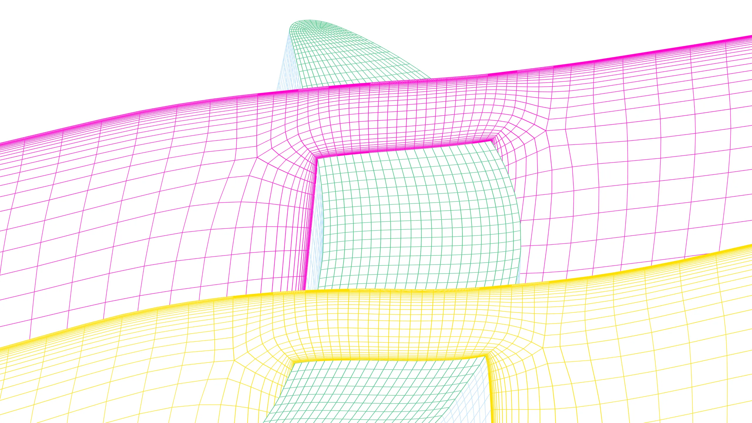 Structured mesh showing dense boundary layer clustering on the turbine blade and adjacent shroud near the tip gap, capturing steep velocity gradients and tip leakage flow interactions.
