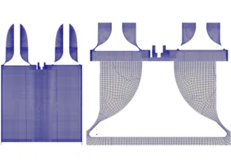 Structured multiblock computational mesh generated for an internal combustion (IC) engine geometry, showing organized hexahedral grid topology around engine components such as the cylinder, piston, valves, and ports for CFD simulation.