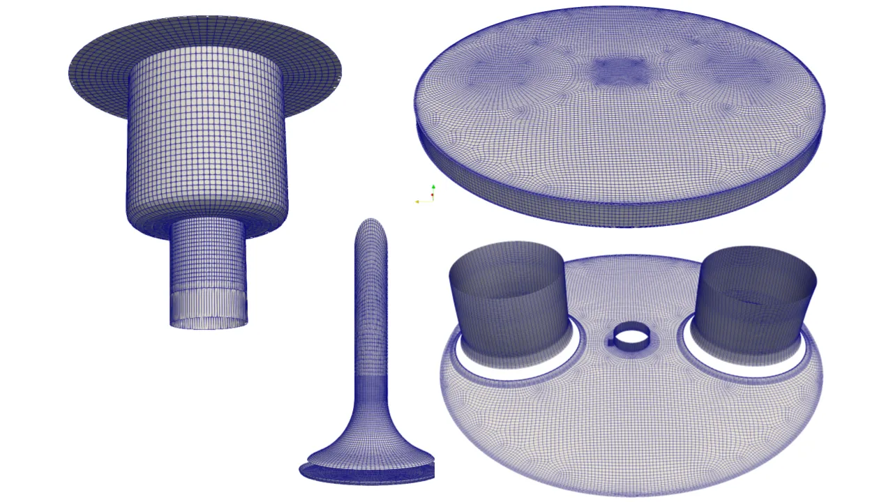 Structured multiblock meshed components for a high fidelity IC engine CFD simulation. Views showing a spark plug in the top-left panel, valve geometry in the bottom-left panel, piston surface in the top-right panel, and the cylinder head with a section of the intake/exhaust port in the bottom-right panel.
