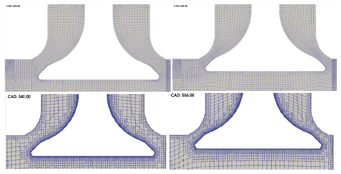 **Alt text:**
Comparison of mesh deformation near the engine valve region during piston motion from 540 CAD to 556 CAD. The top sequence shows GridPro mesh deformation, while the bottom sequence shows SnappyHexMesh deformation, illustrating changes in cell quality and mesh behavior during valve movement.
