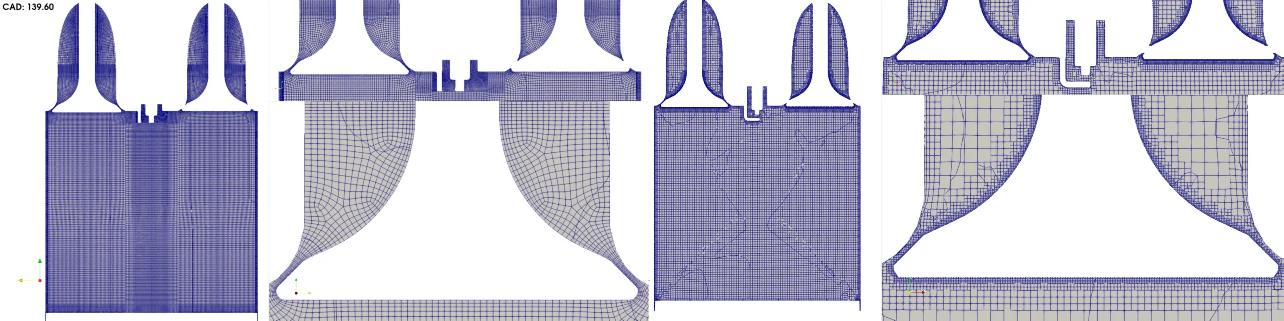 Cross-sectional cut-plane comparison of high fidelity IC engine CFD meshes generated using two meshing approaches. Panel A shows the structured or topology-based GridPro mesh, while Panel B shows the SnappyHexMesh-generated mesh, highlighting differences in cell arrangement, refinement, and mesh topology.
