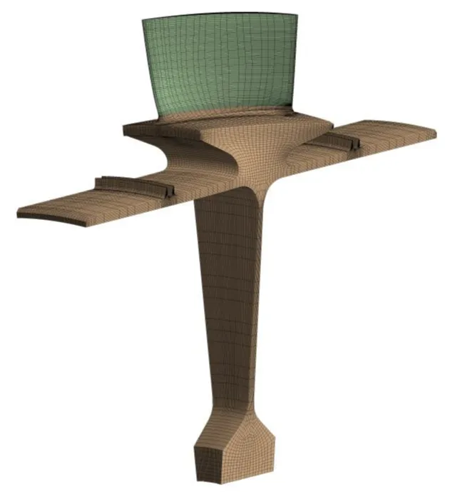 Single-sector FEA model of a turbine blade using a structured hexahedral mesh, showing organized high-quality hex elements for accurate structural and vibration analysis.
