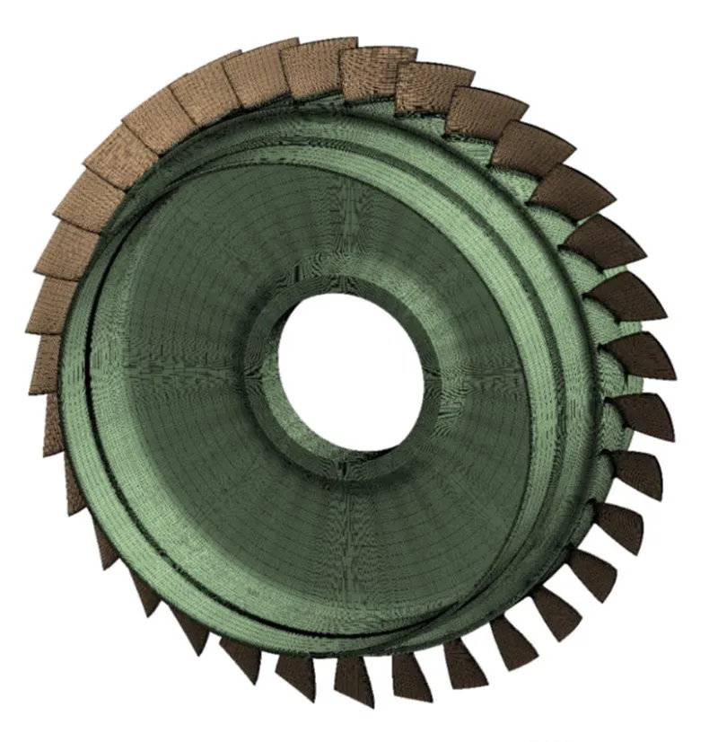 Full blisk FEA model with a structured hexahedral mesh, showing high-quality organized hex elements across the integrated blade and disk geometry for accurate structural and vibration analysis.