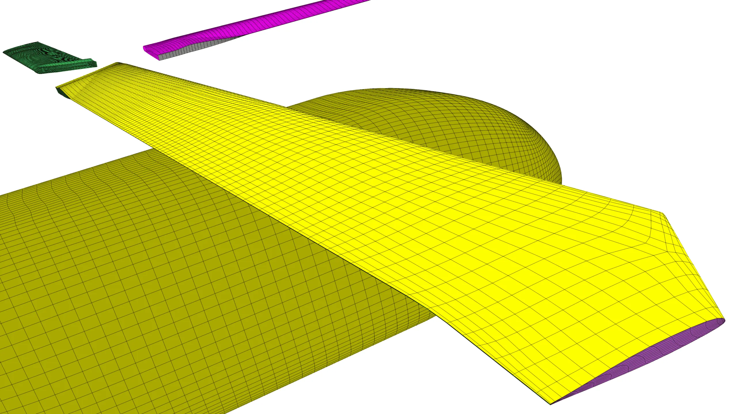 A structured mesh model of a Robin helicopter rotor blade, illustrating the hexahedral grid distribution used for aerodynamic or CFD analysis.