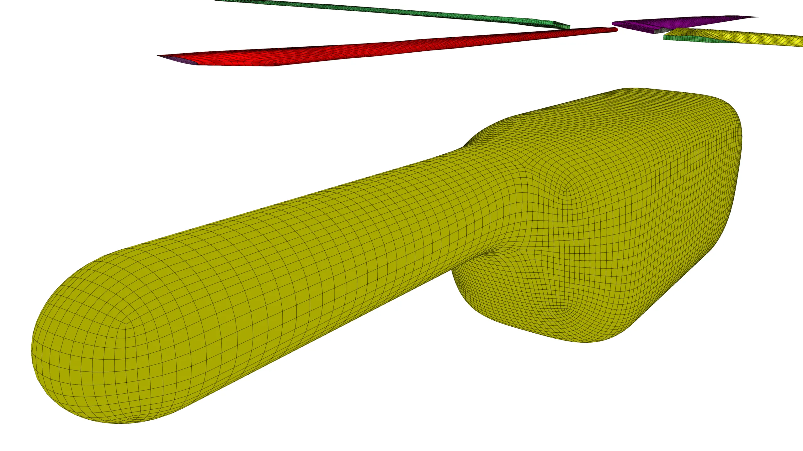 Rear view of the Robin Helicopter showing the fuselage and rotor blades covered with a structured surface mesh, highlighting the smooth and uniform positioning of computational cells across the geometry.