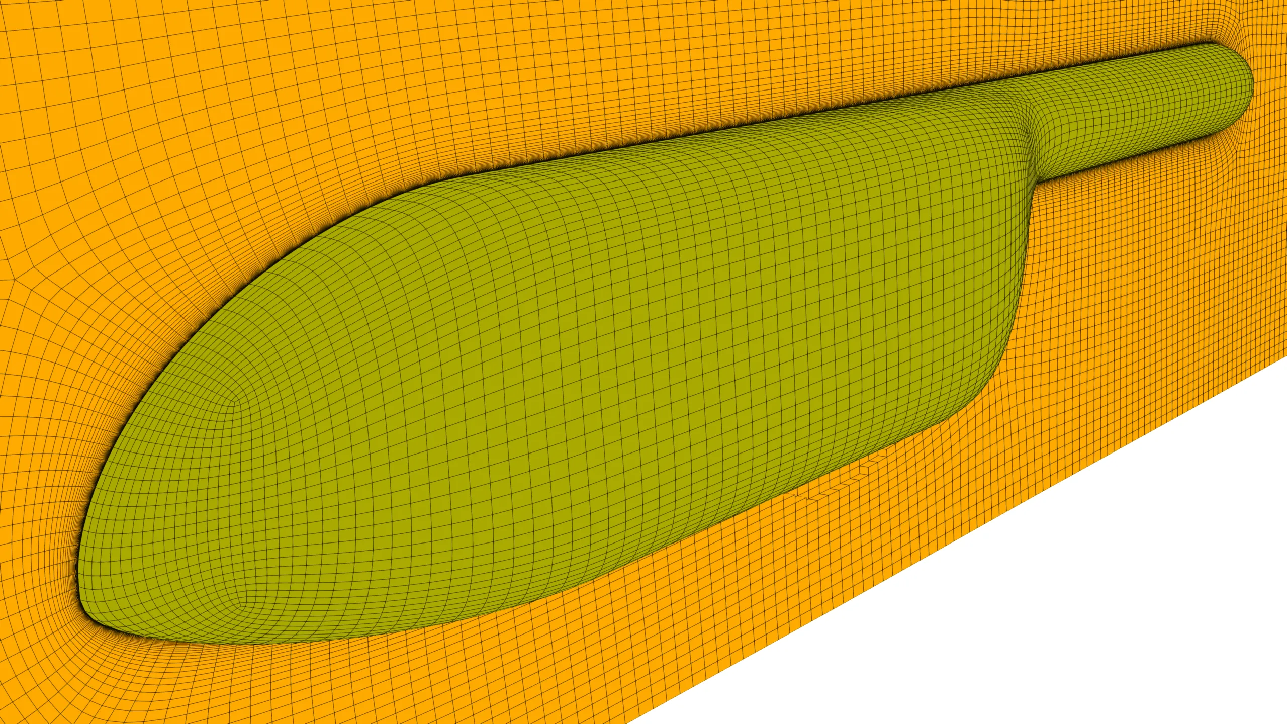 Close-up view of boundary layer mesh refinement around the fuselage of the Robin Helicopter, showing densely clustered grid layers near the surface for accurate flow simulation.