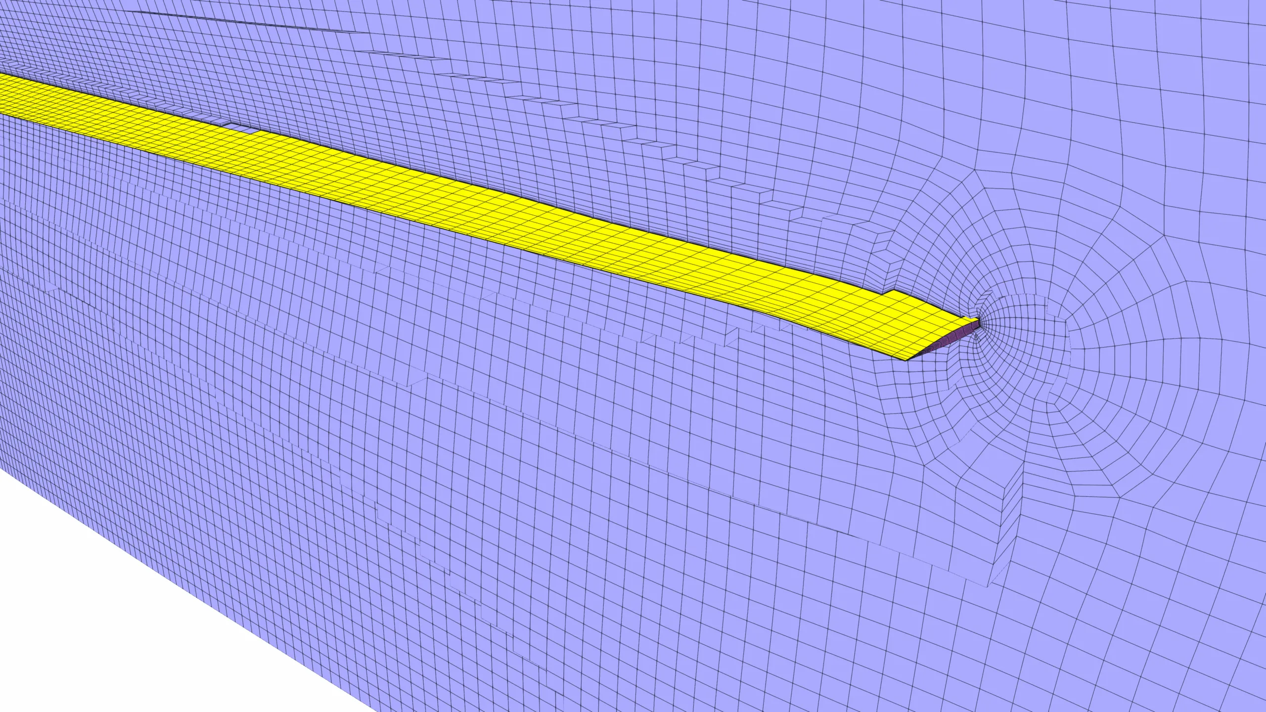 Spanwise cross-sectional view of the rotor blade computational mesh, showing densely clustered boundary layer cells near the blade surface and the surrounding 3D cell distribution used for aerodynamic simulation.