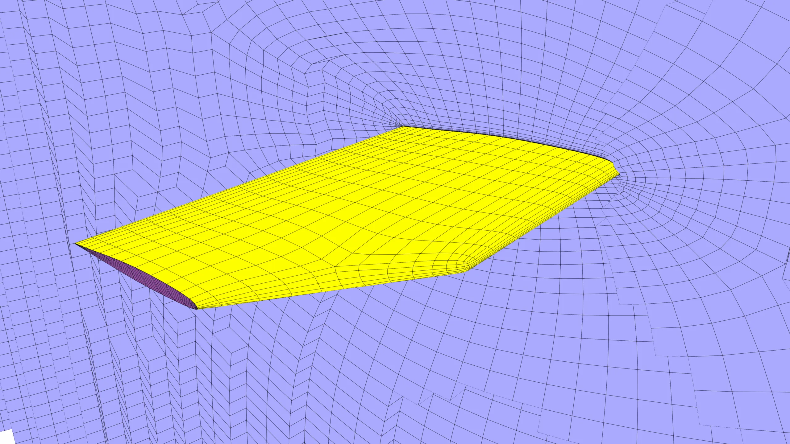 Cross-sectional view at a selected spanwise location of the rotor blade, illustrating the structured mesh arrangement on the blade surface and the surrounding computational domain.