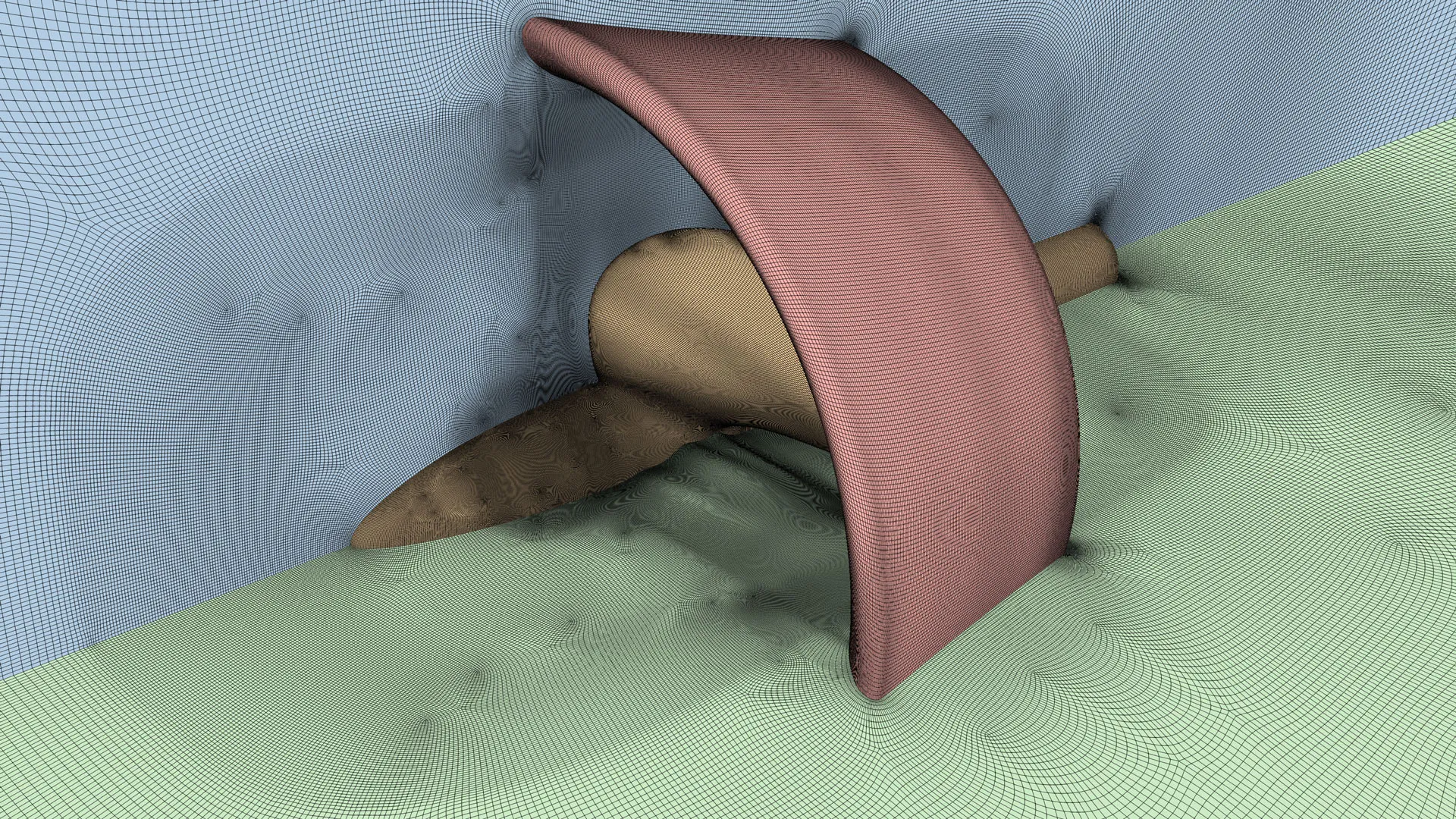 Structured multiblock CFD mesh showing a ducted propeller blade and hub inside the surrounding domain mesh.