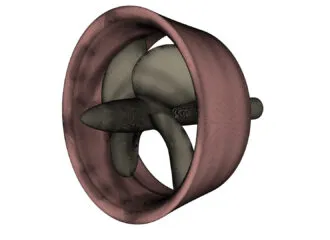 CFD mesh for propeller cavitation analysis showing duct and blade surface resolution on a ducted marine propeller.