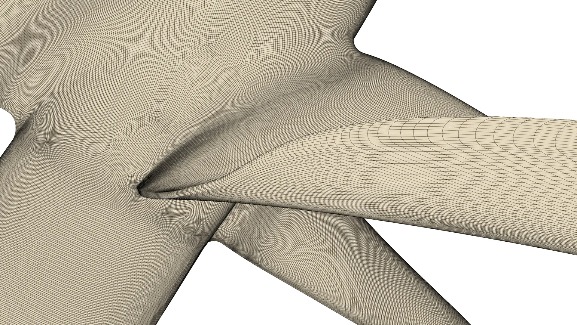 Close-up of structured CFD surface mesh on the trailing edge of a propeller blade.